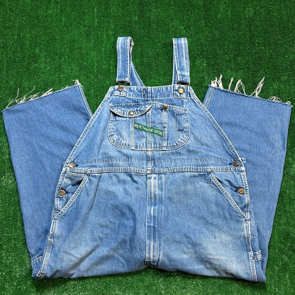 Vintage Workwear Key Imperial Mens Bib Overalls 48X32 Blue Denim Raw Hem